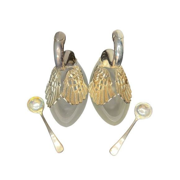 Vintage Pair of Silver Plated Articulated Swan Salt Cellars Frosted Glass Japan - Picture 6 of 7